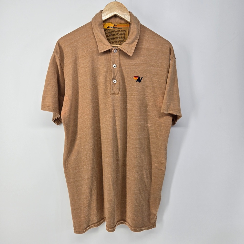 Aviator Nation Polo Shirt Men XL Tan Brown Heathered Logo Surf Retro READ